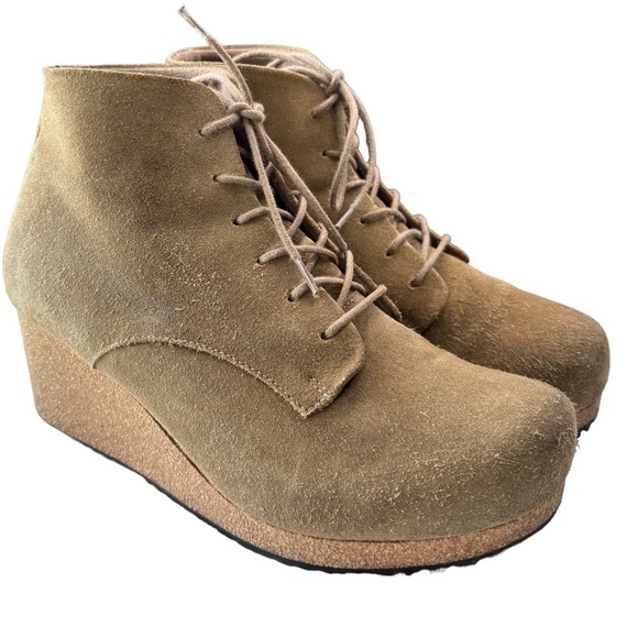 Papillio By Birkenstock Boots Womens EU 38 US 7.5 8 Tan Edith Wedge Booties Boho - Picture 1 of 10